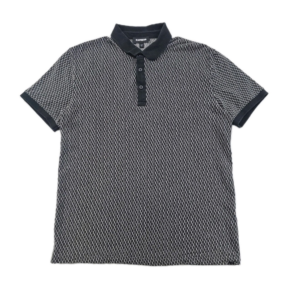 Express Men's Polo Small Black White All Over Geometric Contrasting Trim Shirt